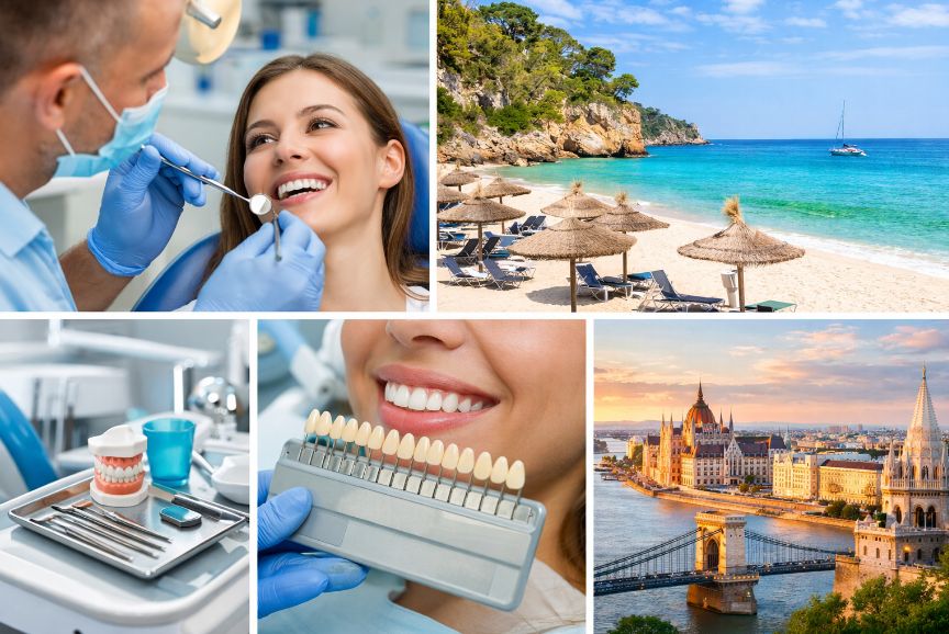 Collage de turismo dental en Mallorca y Budapest con tratamiento odontológico, sonrisa con carillas dentales, playa de Mallorca y Parlamento de Budapest con el Puente de las Cadenas.