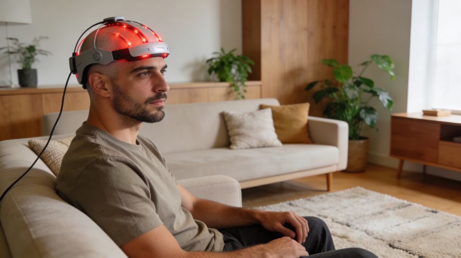 Hombre español de unos 30 años sentado en el sofá de su casa usando un casco LLLT de luz roja para tratar la caída del cabello