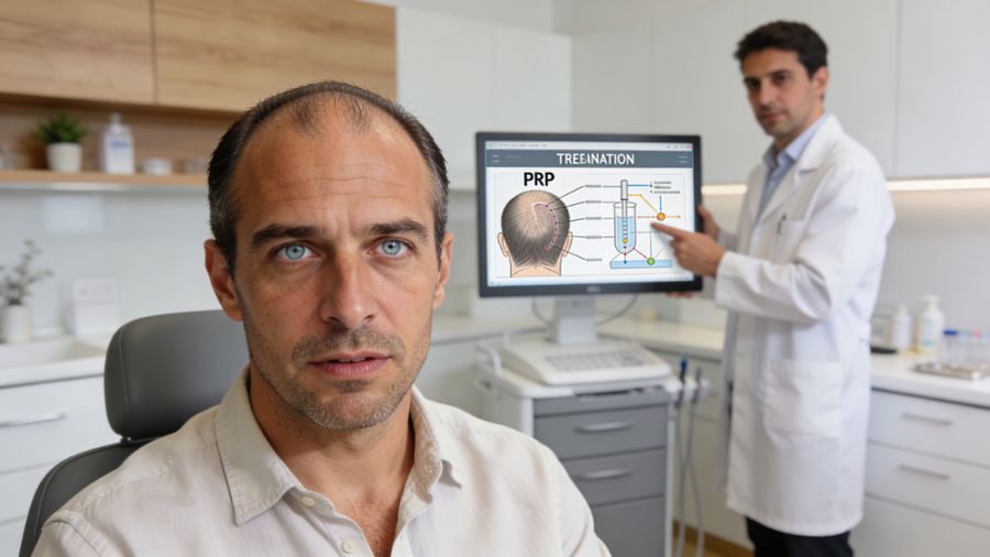 Hombre español de unos 35 años con inicio de entradas hablando con un médico sobre tratamiento PRP para la caída del cabello en una clínica capilar moderna
