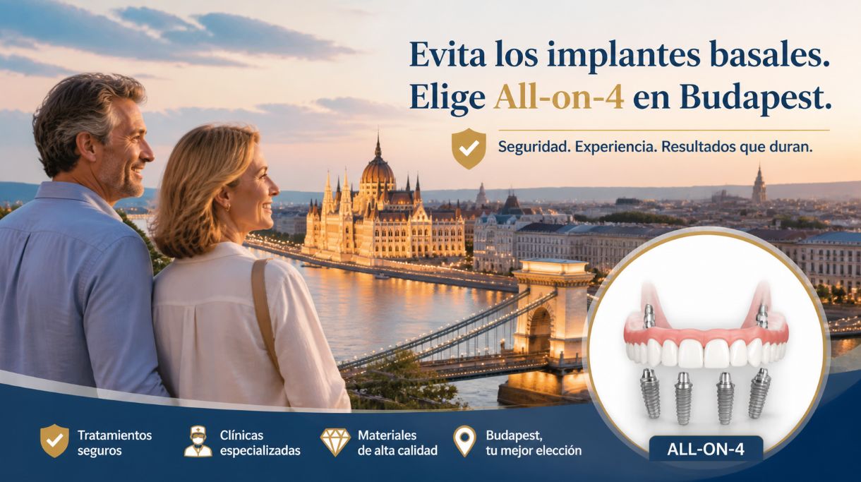 Turismo dental en Budapest con pareja madura sonriendo frente al Parlamento húngaro y arcada dental All‑on‑4 como alternativa segura a implantes basales