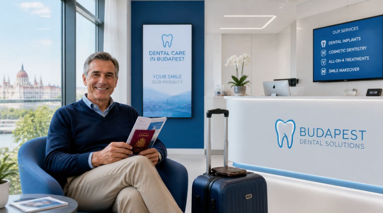 Paciente español de 60 años con maletas en clínica dental moderna en Budapest para turismo dental y restauración de sonrisa