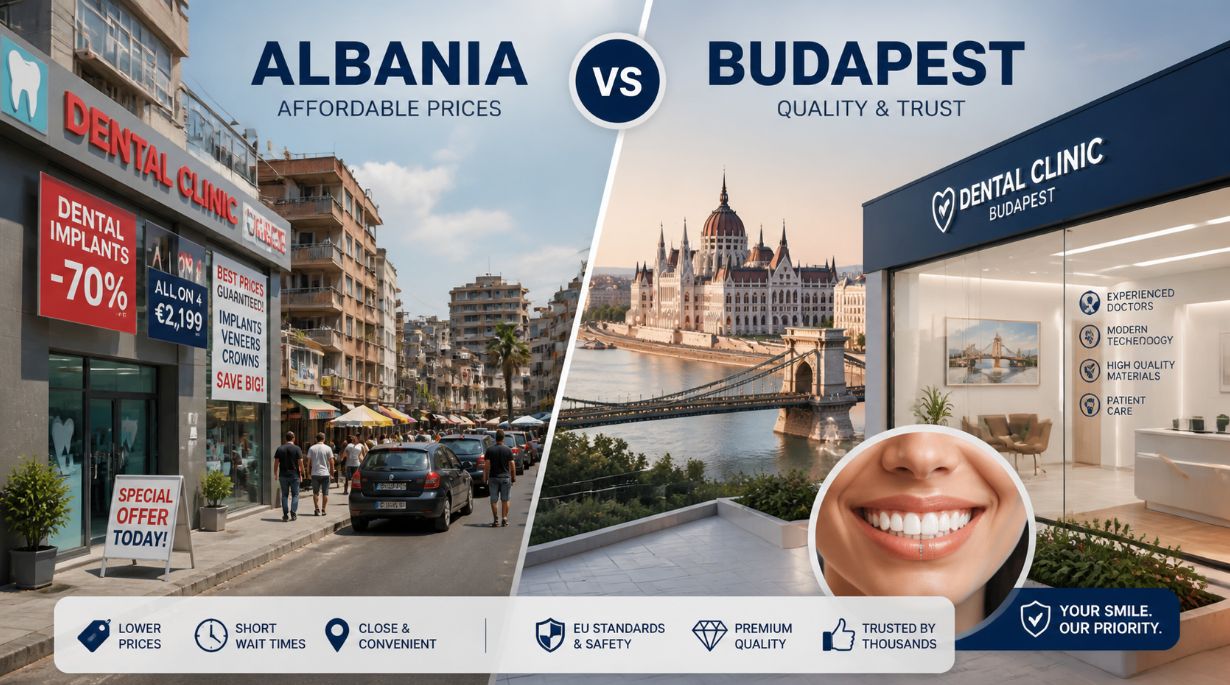 Turismo dental comparado en Albania y Budapest con clínica moderna y puente de Budapest destacando mejor opción húngara para implantes y prótesis