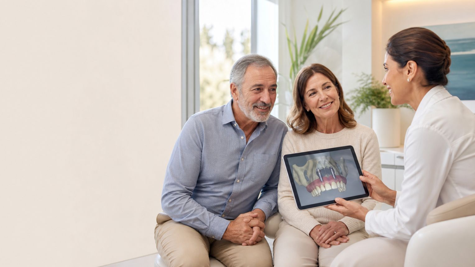 Pareja española mayor en consulta con una implantóloga revisando una radiografía 3D para planificar una elevación de seno maxilar e implantes dentales.