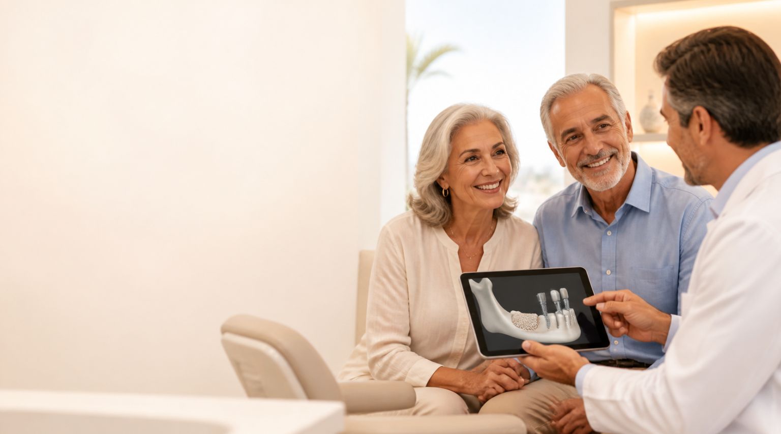 Paciente española mayor con su pareja en una consulta de implantes dentales, revisando un escáner 3D para planificar un injerto óseo antes del tratamiento.