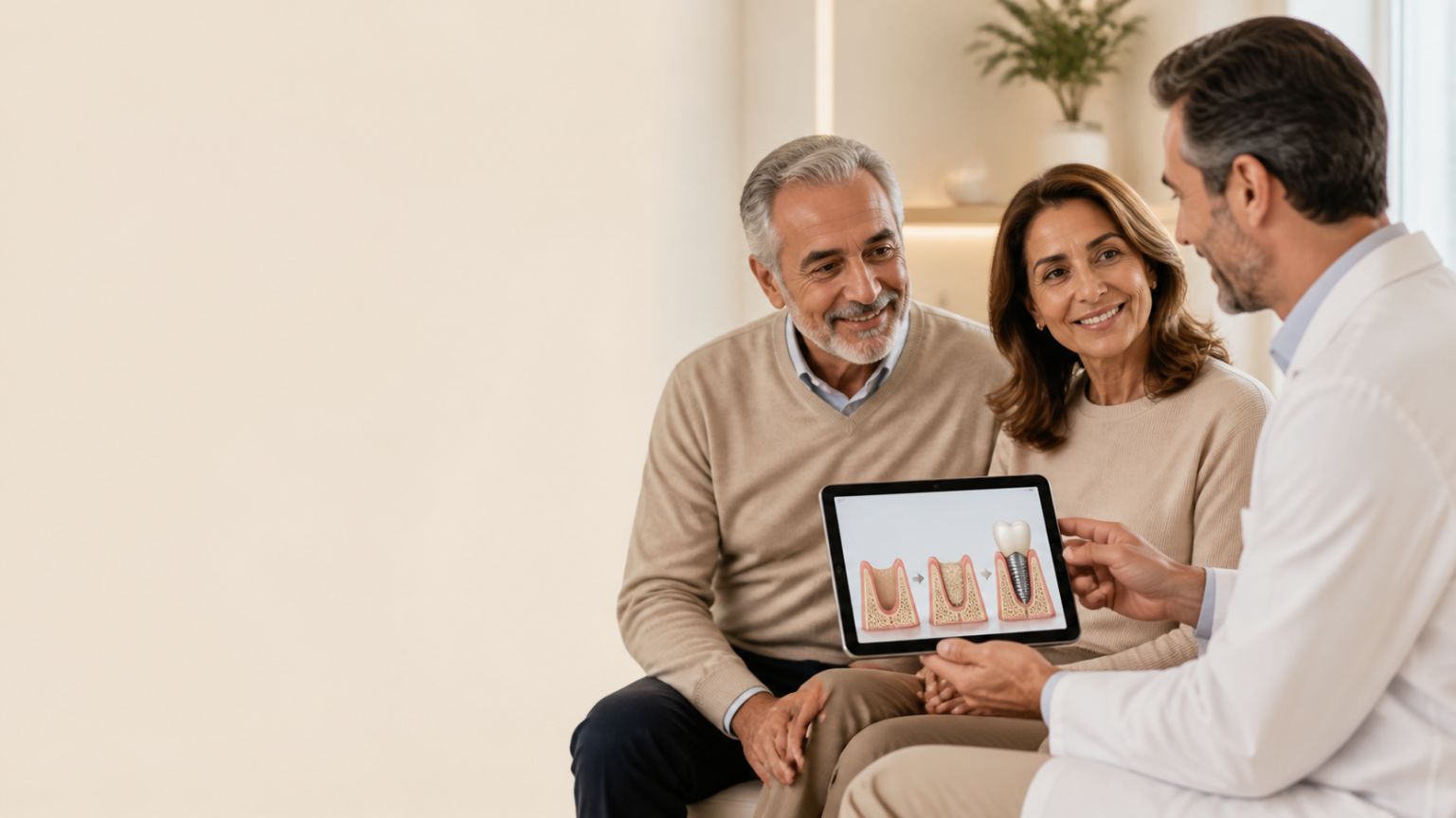 Paciente español mayor y su pareja en consulta dental, revisando la cicatrización tras una extracción y la planificación de un futuro implante dental.