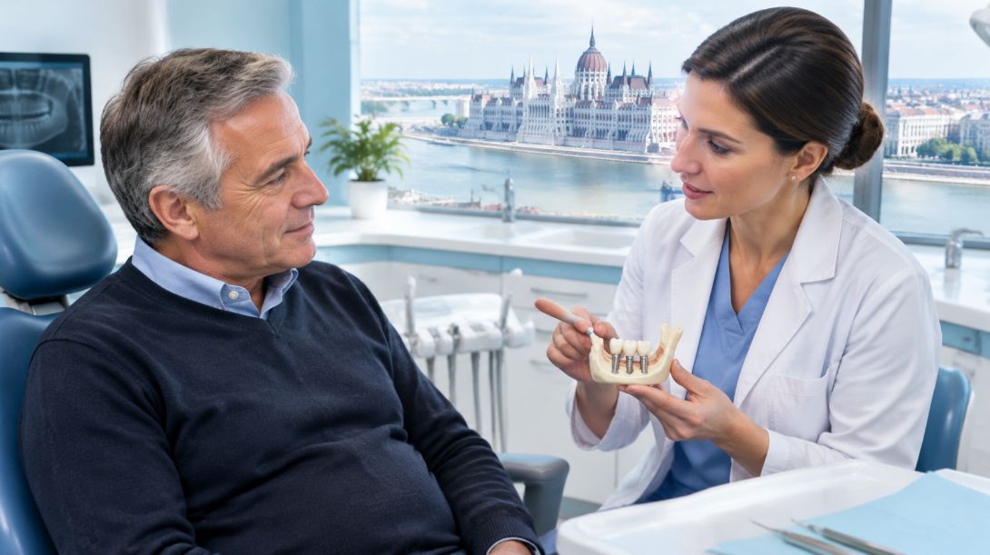 Paciente en una consulta dental en Budapest con una odontóloga que le muestra un modelo de mandíbula con implantes.