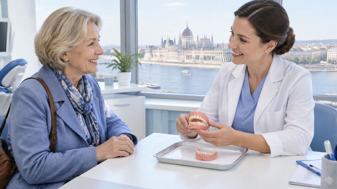 Odontóloga muestra una prótesis dental removible a una paciente en una clínica de Budapest, con vistas al Parlamento.